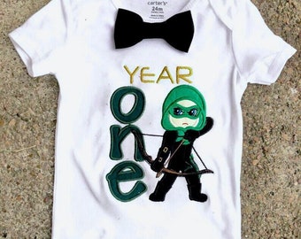 Baby boy first birthday outfit - Year one, bow and arrow, ninja, embroidered (matching family shirts are available) Applique