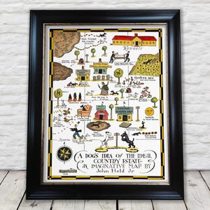 May include: A framed print titled "A Dog's Idea of the Ideal Country Estate" by John Held Jr. The whimsical map features illustrated scenes of a dog's ideal life, including kennels, flower beds, and various activities, all in a colorful, vintage style.