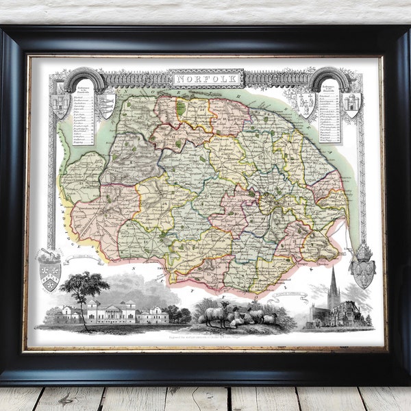 NORFOLK 1837 - Reproduction vintage County Map by Thomas Moule - Exceptional quality 230gsm - Framed Unframed - FREE standard delivery