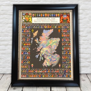 May include: A vintage map of Scotland with a dark gray background. The map is divided into different colored regions, each representing a different clan. The map is surrounded by a border of coats of arms, each representing a different Scottish clan. The title of the map is "Scotland of Old".