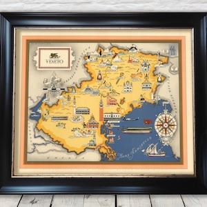 Vintage Pictorial Map of Veneto, Italy by De Agostini, 1939 Venice - Exceptional quality 230gsm - Framed Unframed - FREE standard delivery