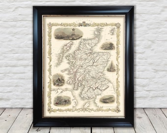 May include: An antique map of Scotland, printed in black and white with hand-coloured details. The map is framed in a black frame and features a decorative border with illustrations of Scottish landmarks.