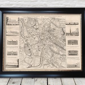 Puede incluir: Un mapa antiguo en blanco y negro de Dublín, Irlanda, con el título "A Survey of the City and Environs of Dublin, Plan of the City of Dublin & Environs, Laid Down from an Actual Survey" impreso en la parte superior. El mapa está enmarcado en un marco negro.