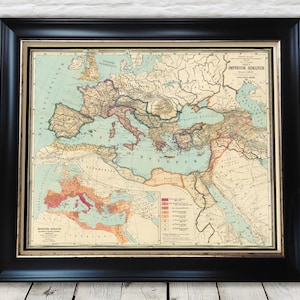 May include: A vintage map of the Roman Empire, showing the expansion of the empire from its origins in Italy to its peak in the 3rd century AD. The map is printed in black, red, blue, and green on a cream-colored background. The map is framed in a black frame with a gold inner border.