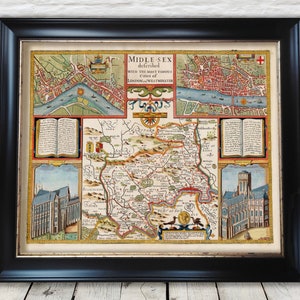 May include: An antique map of Middlesex, England, titled "Middlesex described with the most famous Cities of London and Westminster". The map is framed in a black frame and features a detailed illustration of the area, including rivers, roads, and towns. The map is surrounded by decorative borders and includes images of Westminster Abbey and St. Paul's Cathedral.