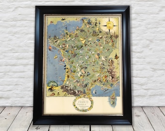 Pictorial FRENCH GASTRONOMY Map 1948 | La France Touristique et Gastronomique - Superb quality 230gsm Framed Unframed FREE standard delivery