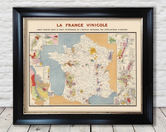 WINE map of France vintage La France Vinicole Louis Larmat 1949 - Exceptional quality 230gsm - Framed, Unframed - FREE standard delivery