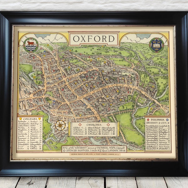 OXFORD Map 1929 - Charming Pictorial map of Oxford by Spencer Hoffman - Exceptional quality 230gsm - Framed Unframed FREE standard delivery