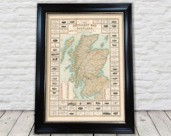 May include: A vintage map of Scotland showing the location of distilleries. The map is framed in black and has a white mount. The title of the map is "The Distillery Map of Scotland" and the text "1888 Edition" is in the top right corner.