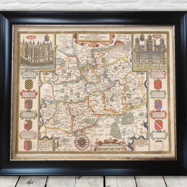 SURREY Old Map by John Speed 1676 Woking Guildford Richmond Croydon - Exceptional quality 230gsm - Framed Unframed - FREE standard delivery