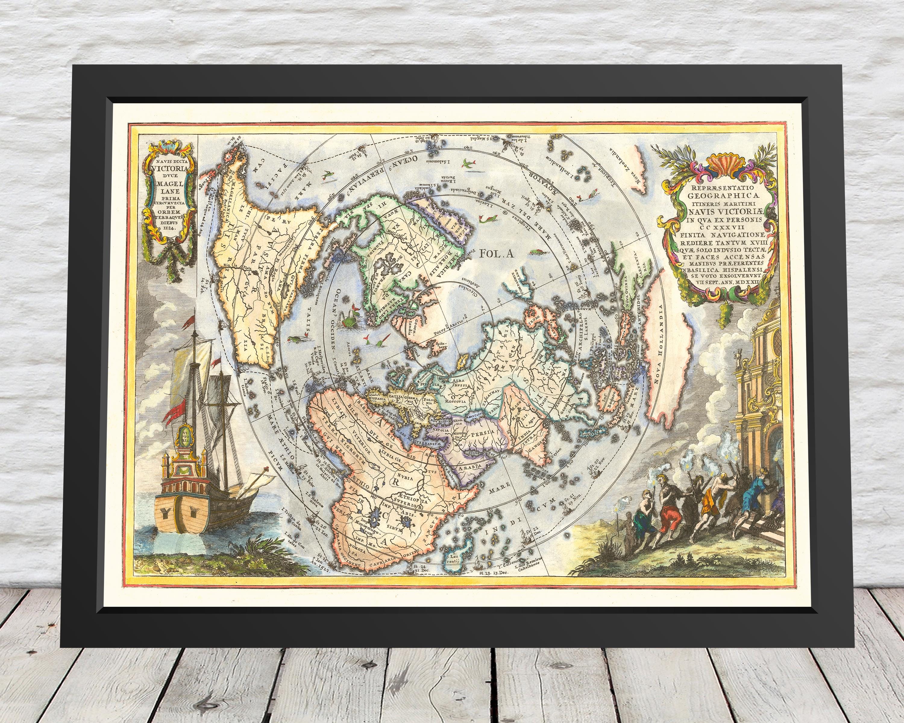 マゼランの世界一周地図（1522年）ハインリヒ・シェーラー作 - 高品質