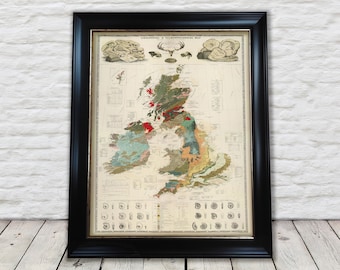 Geological Map of British Islands: Vintage Palaeontology fossils - Exceptional quality 230gsm Framed Unframed FREE standard delivery