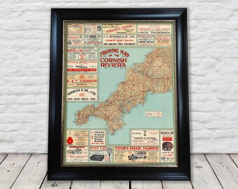 Mapa turístico da Cornualha de 1928 por J. W. Harding - Riviera da Cornualha - Qualidade excepcional 230gsm - Sem moldura Com moldura - Entrega padrão GRÁTIS