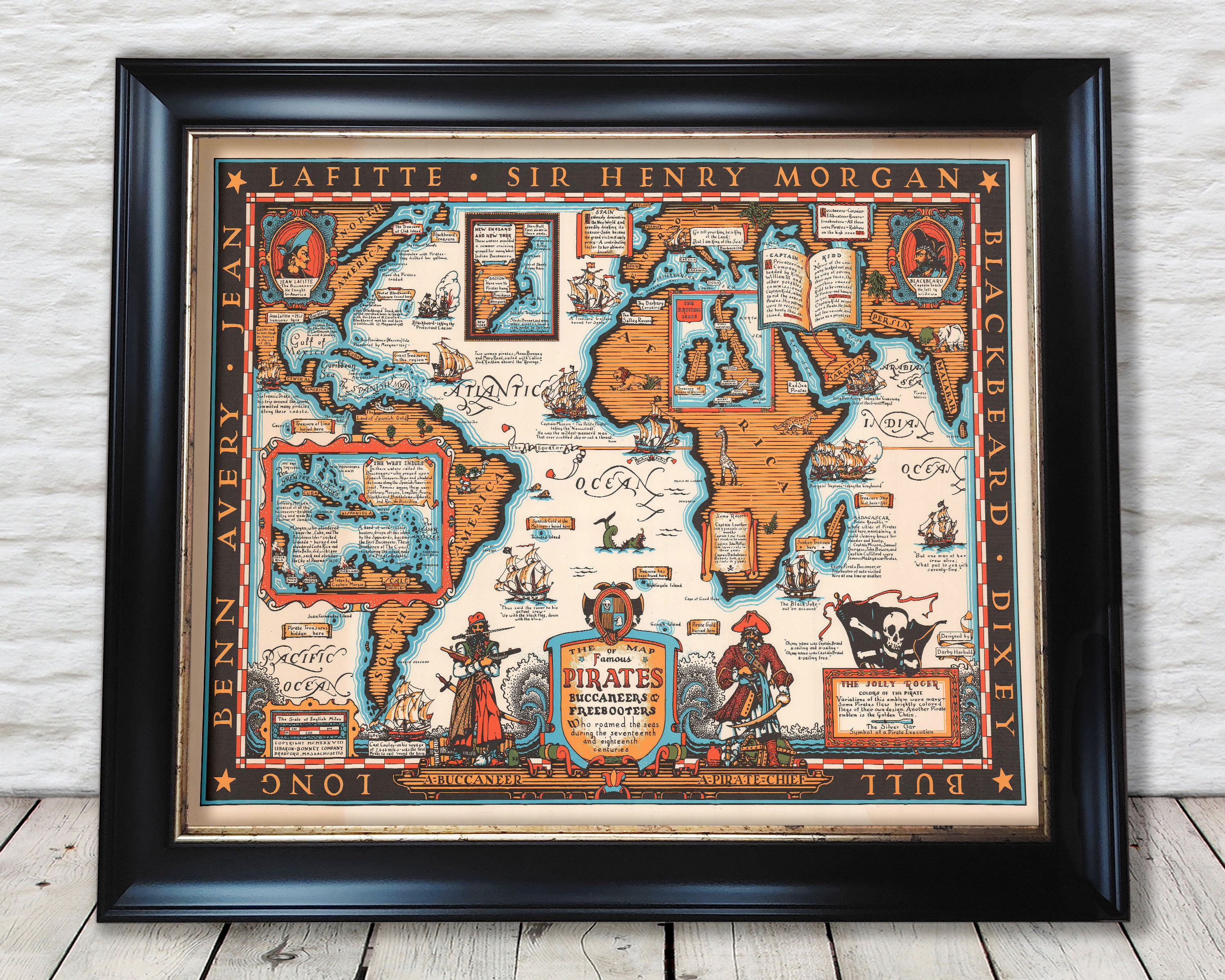歴史学習　マインドマップボード　ペリー来航以降＆欧米 Map of Famous PIRATES 1938 Darby Harbold - Blackbeard Morgan