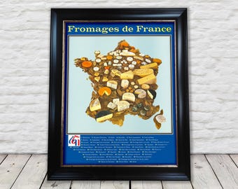 Cheese Wine Poster of France, Cheese Wall Art, Dining, Restaurant