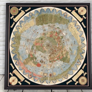 May include: A vintage world map print in a black frame. The map is circular and features a detailed depiction of the continents and oceans. The map is surrounded by a decorative border with scrolls and compass roses.