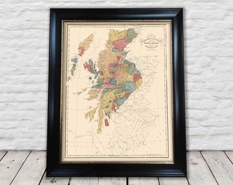 Old SCOTLAND CLAN Map of the Highlands of Scotland by W Lizars 1822 - Exceptional quality 230gsm - Framed, Unframed - FREE standard delivery