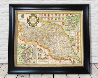 YORKSHIRE North and East Ridings Map John Speed 1676 Richmond Hull - Exceptional quality 230gsm - Framed Unframed - FREE standard deliver