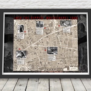May include: A vintage map of Whitechapel, London, England, showing the locations of the five canonical victims of Jack the Ripper. The map is framed in black and has a white background. The map is titled "Jack the Ripper - Whitechapel 1888".