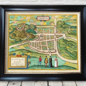 May include: An antique map of Edinburgh, Scotland, with the text "EDENVBRG SCOTIAE METROPOLIS" in the lower left corner. The map is hand-colored and shows the city's layout with surrounding hills and rivers.