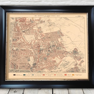 May include: A vintage map of London, England, showing the distribution of poverty in 1890. The map is color-coded to indicate the level of poverty in different areas of the city. The map is titled "Map Descriptive of London Poverty, 1890."