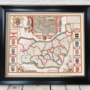 Vintage SUFFOLKE map John Speed 1610 Ipswich Lowestoft Felixstowe - Exceptional quality 230gsm - Framed, Unframed - FREE standard delivery