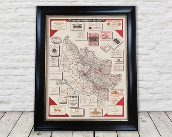 Wine map of Bordeaux area 1948 - Garonne, Pessac, Blanquefort - Exceptional quality 230gsm - Framed, Unframed - FREE standard delivery