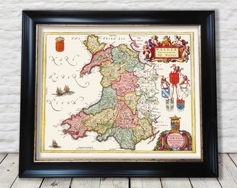 Stunning Old  WALES Map by Joan Blaeu 1645 - Cardiff Swansea Neath - Exceptional quality 230gsm - Framed Unframed - FREE standard delivery