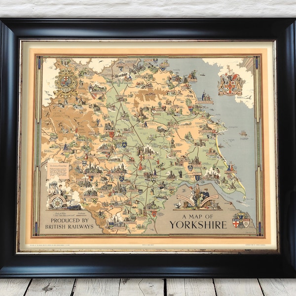 Vintage YORKSHIRE RAILWAYS Map, 1949 by Estra Clark, pictorial map - Exceptional quality 230gsm - Framed, Unframed - FREE standard delivery