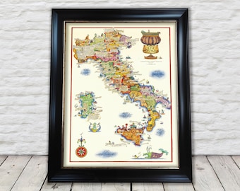 Pictorial WINE map of ITALY Sardinia and Sicily - Vini D'Italia 1976 - Exceptional quality 230gsm - Framed Unframed - FREE standard delivery