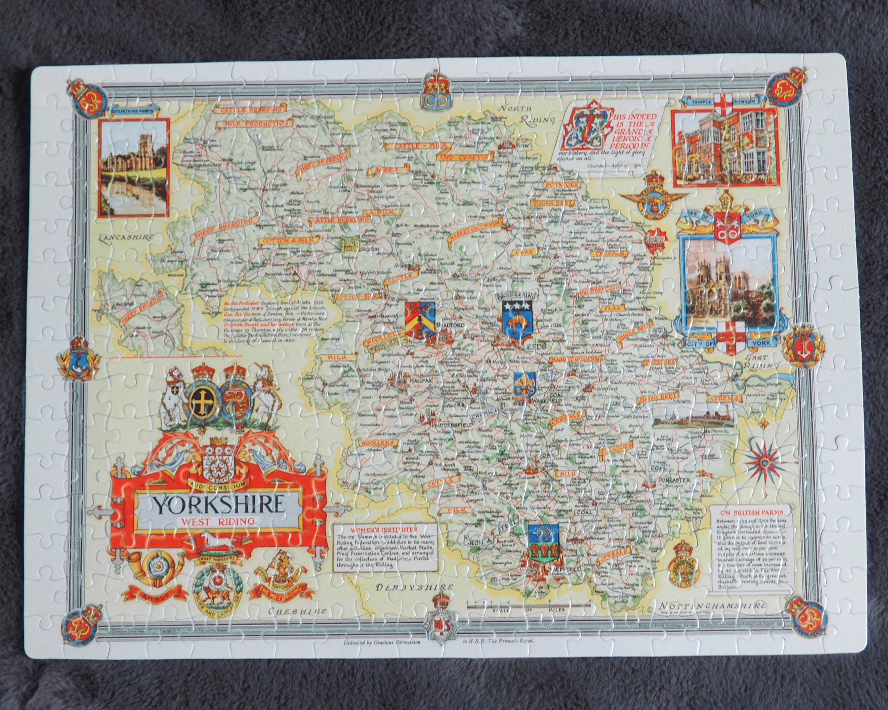 YORKSHIRE Jigsaw 300 Pieces Vintage Yorkshire Map, West Riding, 1946