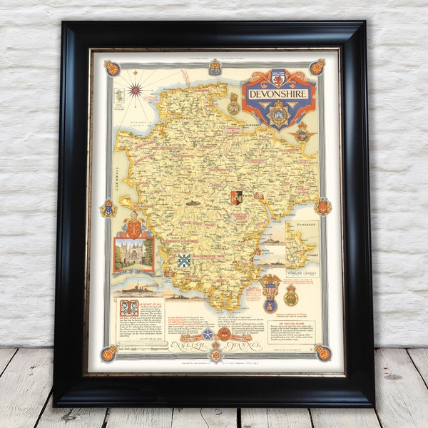 Vintage DEVONSHIRE map, 1947, Ernest Clegg, pictorial map - Exceptional quality 230gsm - Framed Unframed - FREE standard delivery