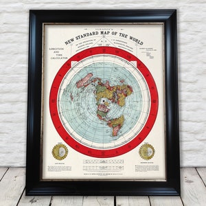 May include: A vintage map of the world in a black frame. The map is a flat-earth projection with a red circle around the edge. The map is titled "Gleason's New Standard Map of the World".