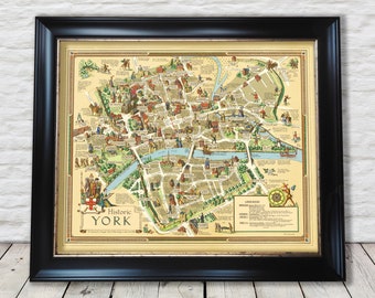Fascinating Historic YORK Map, 1947 by Estra Clark, pictorial map - Exceptional quality 230gsm - Framed, Unframed - FREE standard delivery