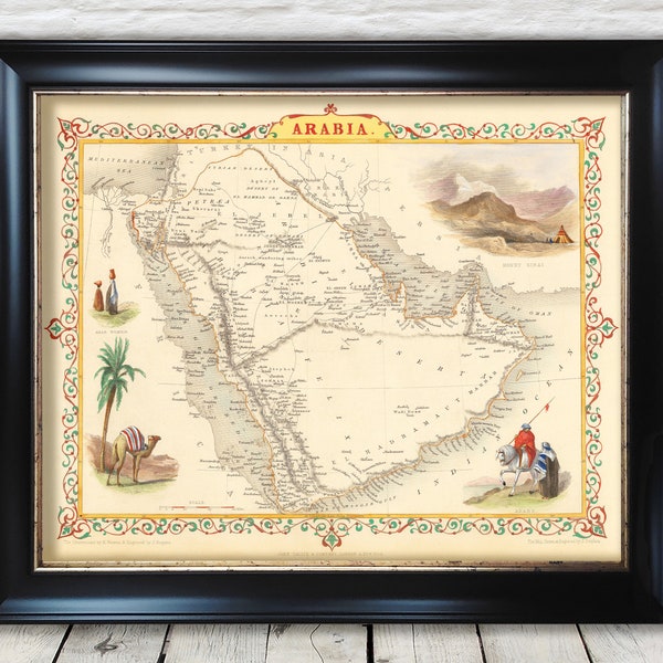 Old ARABIA map Tallis & Rapkin 1851 Mecca, Saudi, UAE, Jordan, Oman, Syria, Yemen, Middle East - Framed, Unframed - FREE standard delivery