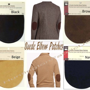 May include: Four packages of suede elbow patches in black, brown, beige, and navy. Each package contains two patches and includes the text "2 Suede Cowhide Elbow Patches" and "Parches para codo de piel de vaca agamuzado".