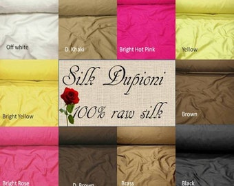 May include: Swatch card of 10 different colors of silk dupioni fabric. The colors are: off white, dark khaki, bright hot pink, yellow, bright yellow, brown, bright rose, dark brown, brass, and black. The fabric is 100% raw silk.
