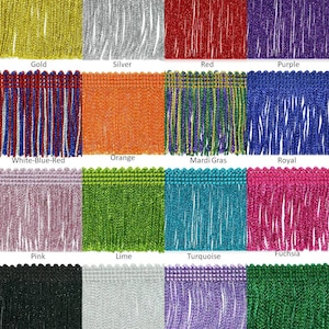 May include: A collection of 16 different colours of fringe trim, including gold, silver, red, purple, white, blue, orange, green, turquoise, pink, fuchsia, black, lime, lilac, and white aurora.
