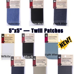 May include: A variety of iron-on patches in denim and twill fabrics, each measuring 5" x 5". Colors include faded blue, black, dark blue, white, light blue, navy, khaki, and grey. The packaging displays the "Dritz" brand.