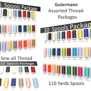 May include: Assortment of Gutermann Sew-all Thread spools in various colors. The spools are arranged in rows and labeled with their color names and numbers. The image includes three packages: 24 spools, 30 spools, and 12 spools. Each spool contains 110 yards of thread.