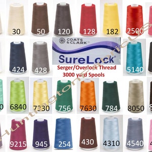 May include: A collection of SureLock serger/overlock thread spools in various colors, including beige, brown, red, yellow, and pink. The image displays the thread spools with their corresponding color numbers. The text "SureLock Serger/Overlock Thread 3000 yd Spools" is also visible.