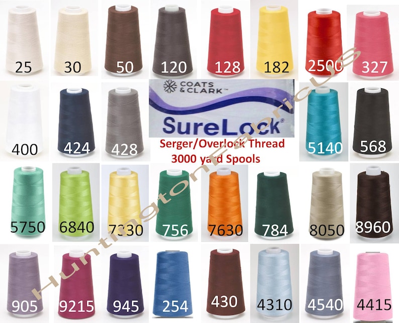 May include: A collection of SureLock serger/overlock thread spools in various colors, including beige, brown, red, yellow, and pink. The image displays the thread spools with their corresponding color numbers. The text "SureLock Serger/Overlock Thread 3000 yd Spools" is also visible.
