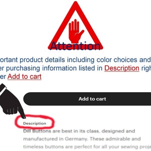 May include: Red triangle with a hand symbol and the word "Attention" in white. Text below the triangle reads: "Important product details including color choices and other purchasing information listed in Description right under Add to cart". A black button reads "Add to cart". A red rectangle with the word "Description" is highlighted.