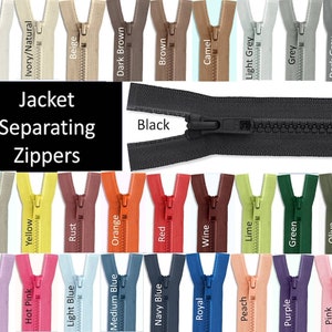 May include: A selection of separating zippers in a range of colours, including white, ivory, beige, dark brown, brown, camel, light grey, grey, dark grey, black, khaki, yellow, rust, orange, red, wine, lime, green, olive, lavender, hot pink, light blue, medium blue, navy blue, royal, peach, purple, and pink.