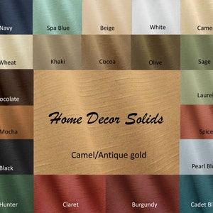 May include: A color chart showing 20 different fabric swatches. The swatches are arranged in a grid pattern and labeled with the color names. The colors include navy, spa blue, beige, white, cameo, wheat, khaki, cocoa, olive, sage, laurel, chocolate, mocha, spice, camel/antique gold, black, pearl blue, hunter, claret, burgundy, and cadet blue.