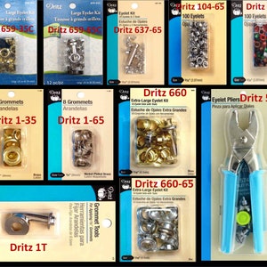 May include: Assortment of Dritz eyelet and grommet kits in various sizes and colors, including brass, nickel-plated brass, and silver. The kits include eyelets, grommets, and tools for applying them.  Also included are a pair of eyelet pliers.