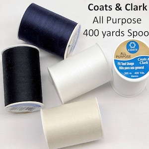 May include: Four spools of Coats & Clark All Purpose thread, each containing 400 yards. The spools are white, black, cream, and navy blue.