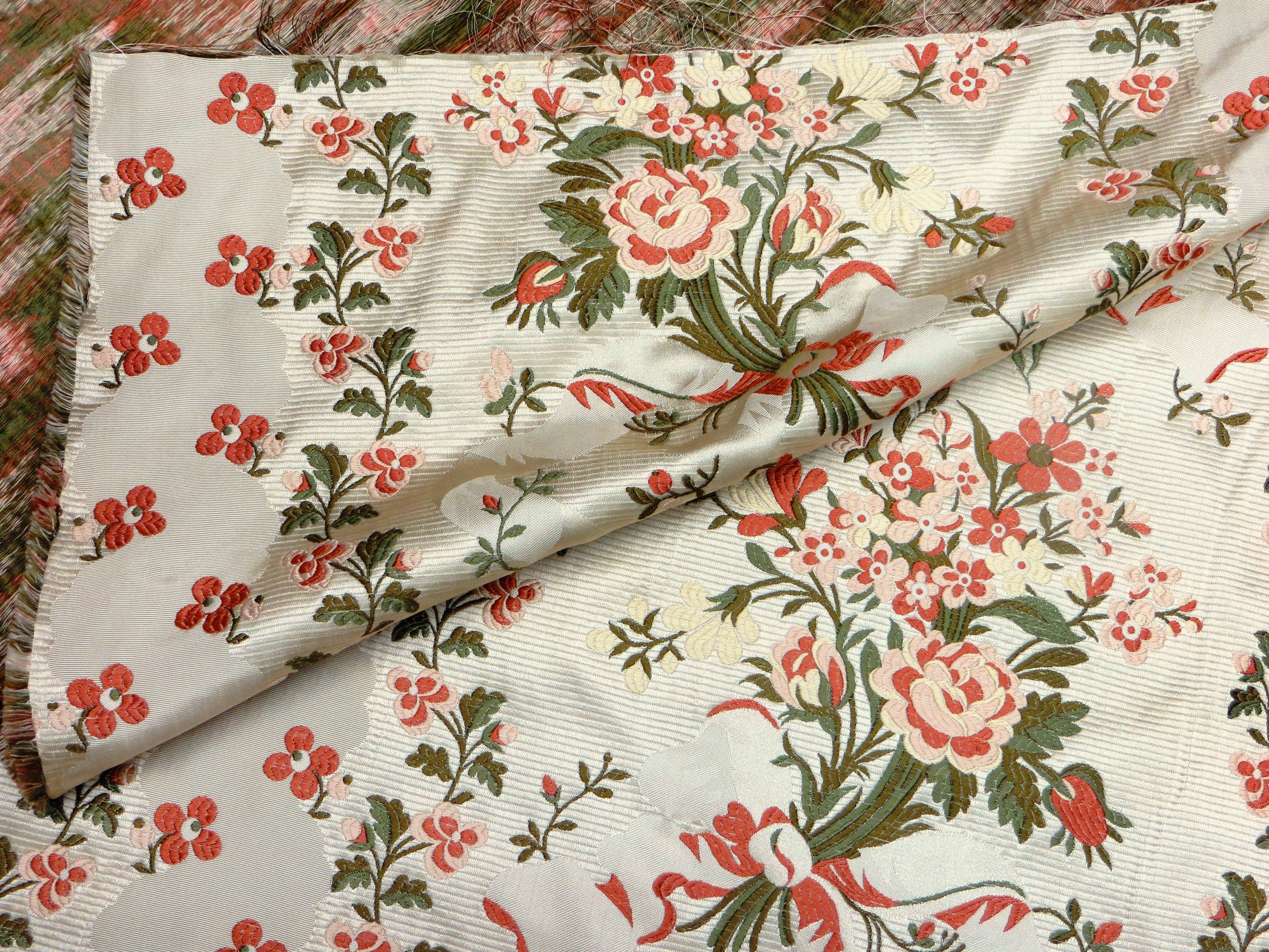 Embroidered, Silk Fabric. Ivory with Pink, Sage, Burgundy & Beige Embroidery
