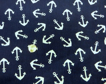 Navy Blue Anchor Print Cotton Blend Fabric by the yard