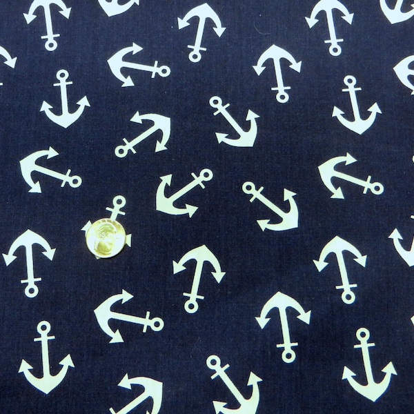 Navy Blue Anchor Print Cotton Blend Fabric by the yard